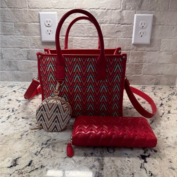Mario Valentino EUC Red Patterned Handbag, Baby, Wallet Set - Picture 1 of 14